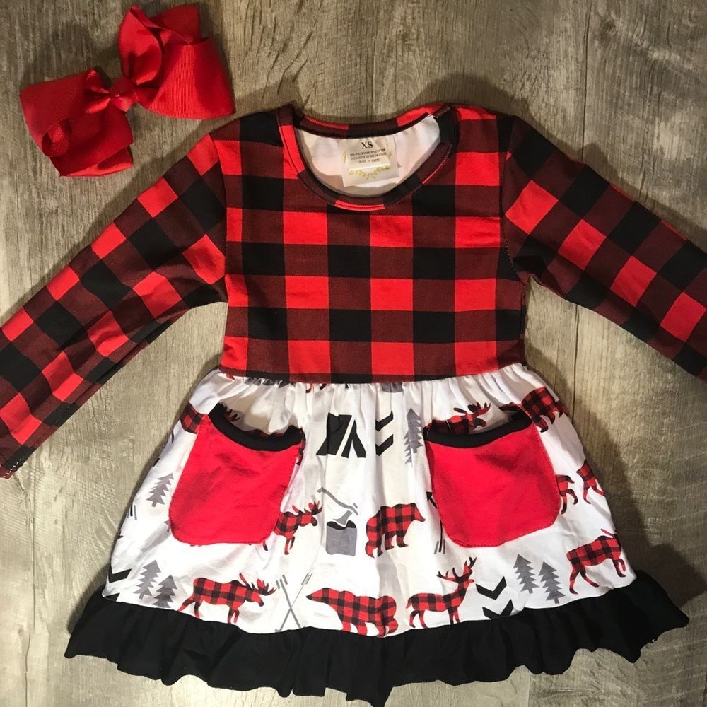 Buffalo plaid bear and deer pocket dress - Picture 3 of 4